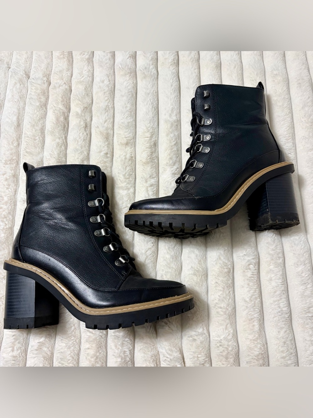 a new day Black Lace-Up Lug Boots with Tan Trim